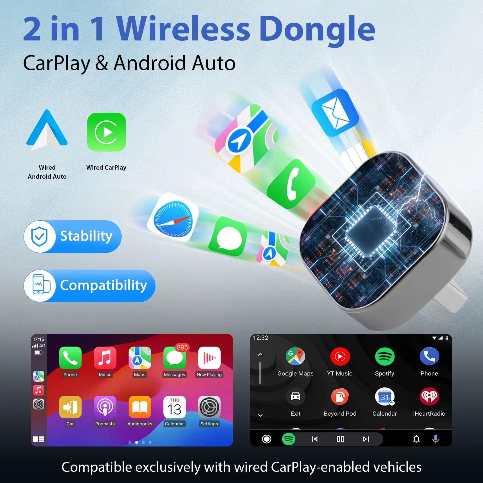 Carplay AI Box Wired to Wireless CarPlay&Android Auto 2in1 Box 5GHz WiFi5 for 99% Original Wired CarPlay/Auto Car