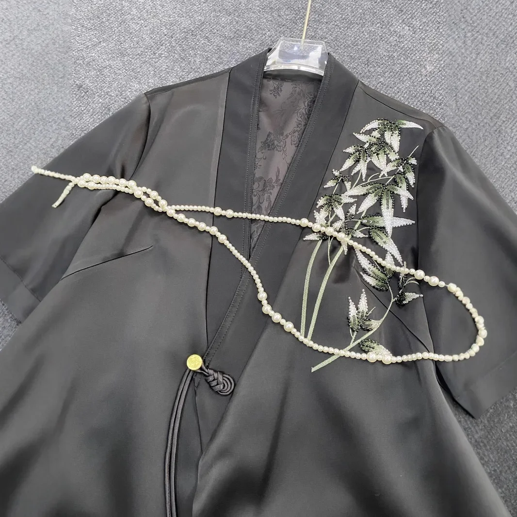 Elegant Two-Tone Acetate Embroidered Jacket V-Neck New Chinese Style Top Vintage Noble Atmosphere Spring Outerwear