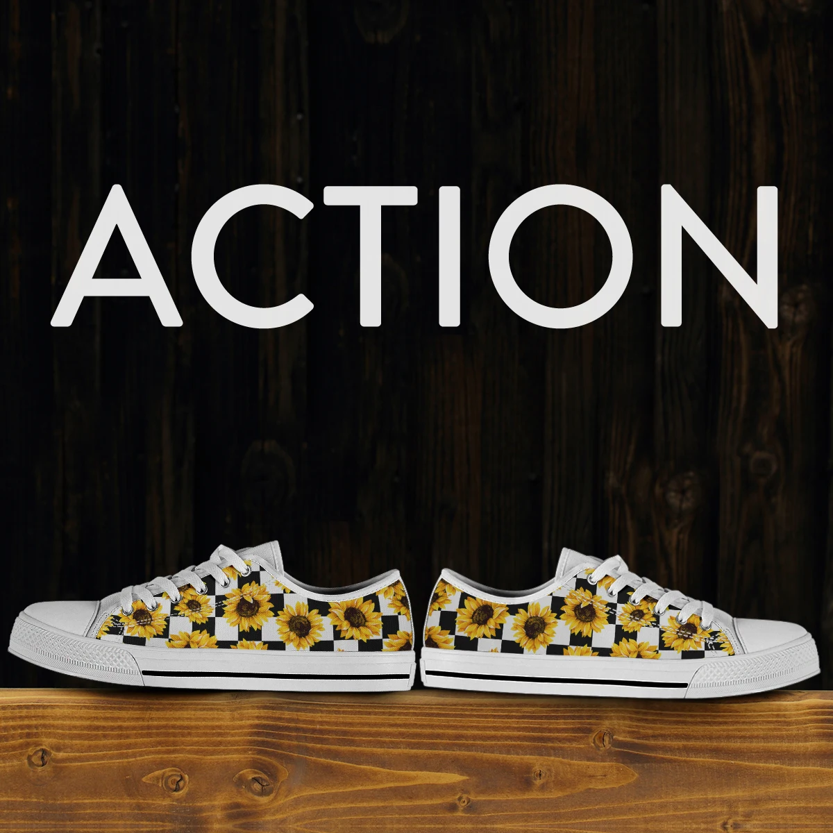 Women's Black White Checkboard Sunflower Canvas Shoes Low Top Flat Canvas Shoes Student Daily Sneakers Vulcanized Shoes