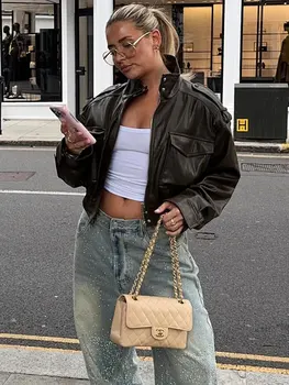 سترة نسائية كبيرة بجيب أمامي من HH سترة كلاسيكية ذات ياقة مدورة وأكمام طويلة وسحاب من الجلد الصناعي معطف نسائي عالي الشارع 4