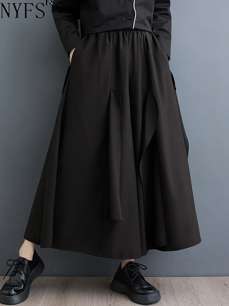 

NYFS 2024 Spring New Office Lady Woman Wide Leg Pants Loose Plus size Black Irregular Solid Elastic Waist Trousers