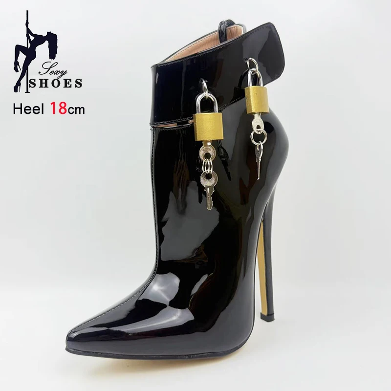 18CM Super High Heel Black Lockable Padlocks Ballet Boots Extreme Pointed Toe Chic Short Boots Sexy Catwalk Show Women's Shoes