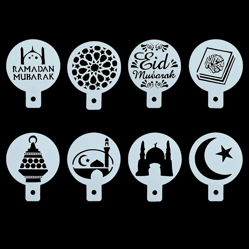8pcs/set PET Eid Mubarak Coffee Spray Stencils Cookie Biscuit Cake Decorating Tools Muslim Islamic Festival Party DIY Decoration