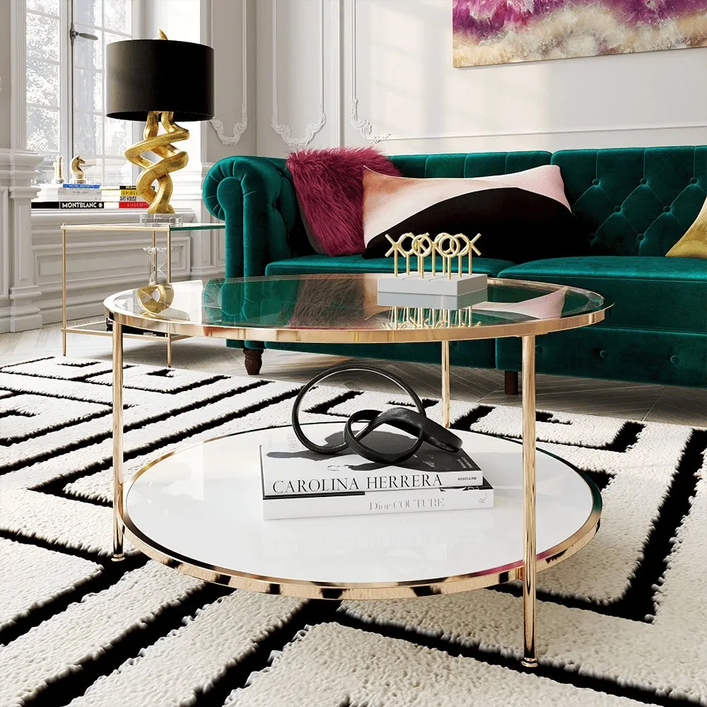 

Round Coffee Table Gold Hall Coffee Table for Living Room Dining Tables Mesas Low Modern Luxury Glass Furniture Home
