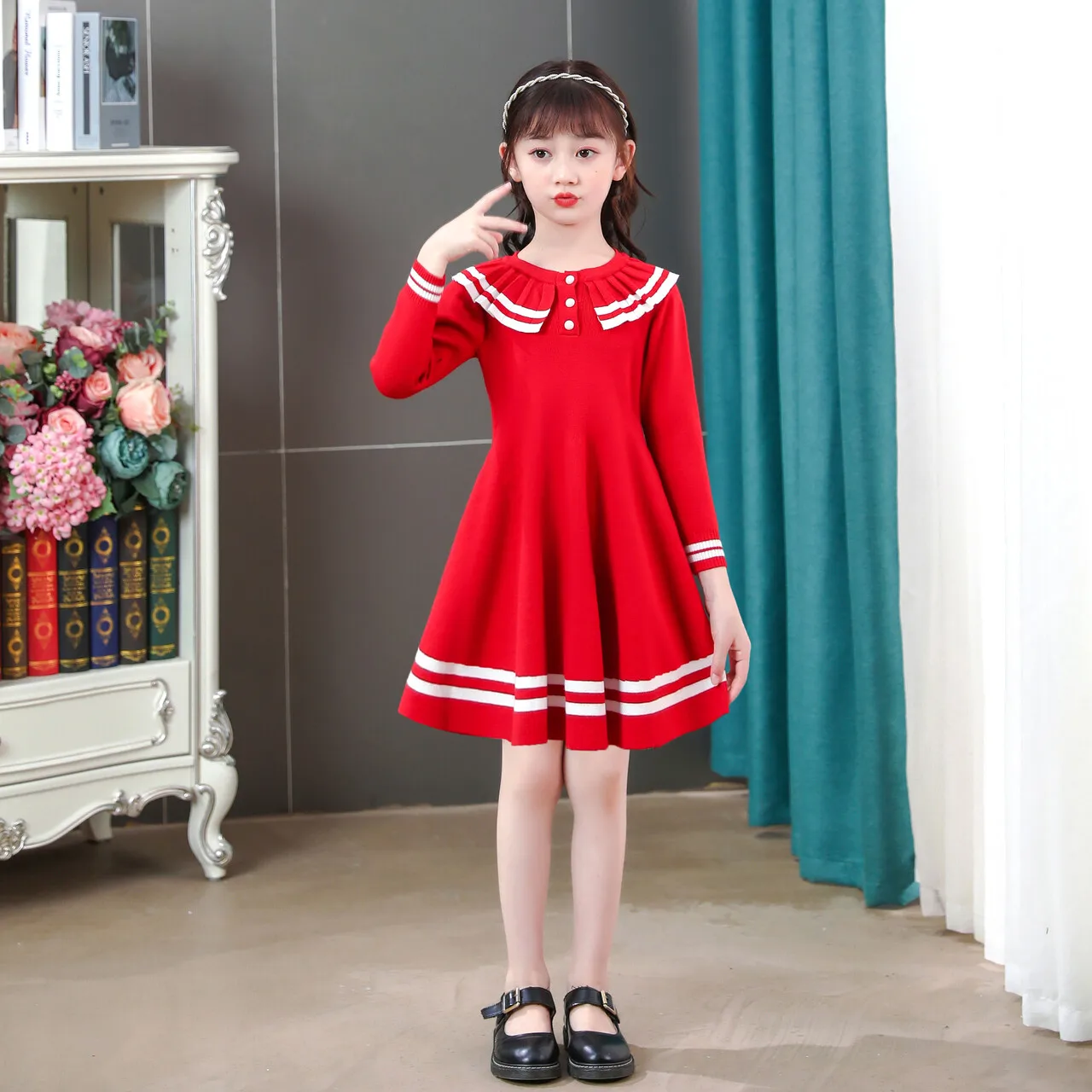 

Lovely Long Sleeve Doll Collar Ball Knee-length Gown Flower Girl Dress First Communion Prom Autumn Fit 3-14 Years