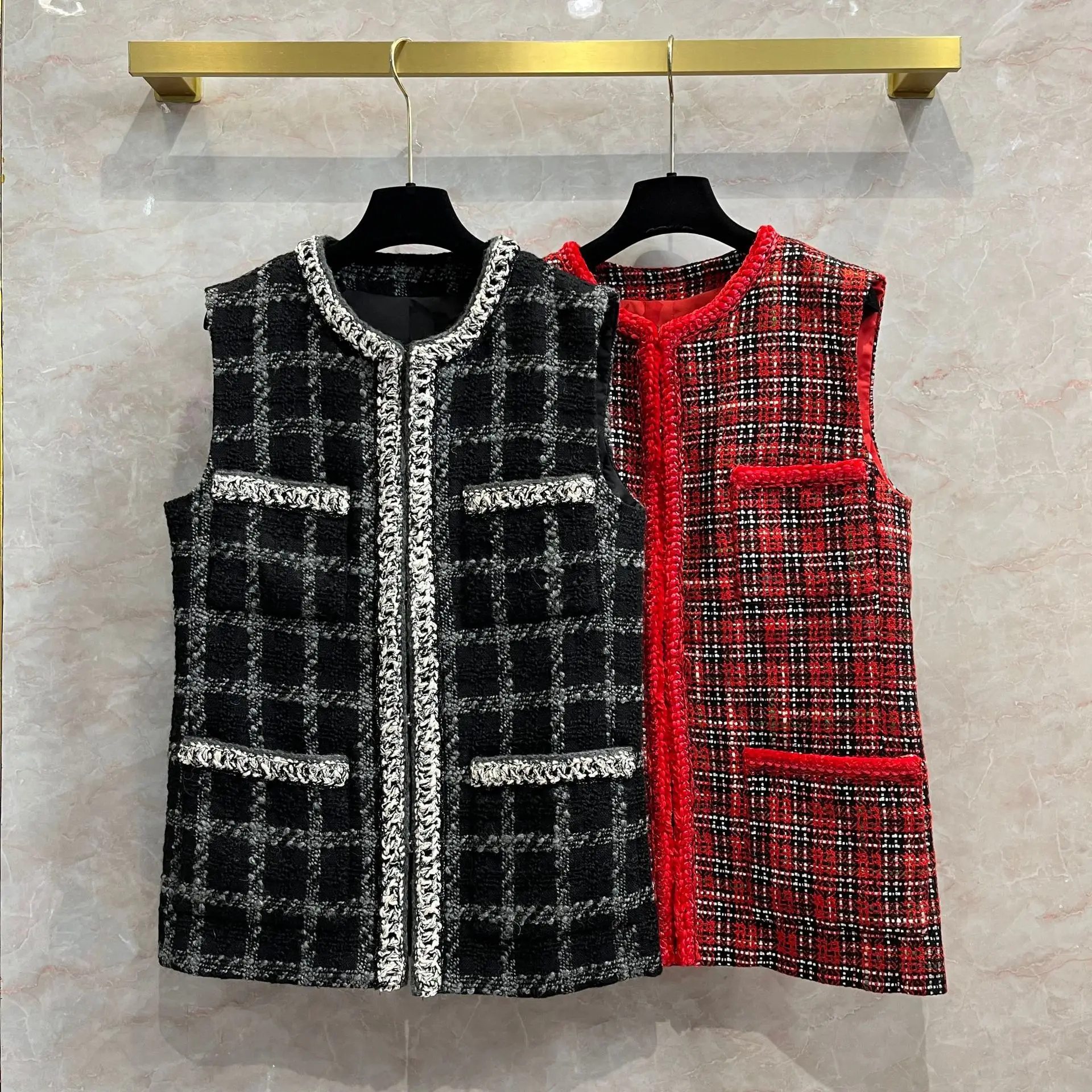 

2023 Spring Runways Chic Women's High Quality Designer Wool Plaid Tweed Jackets Waistcoat C404