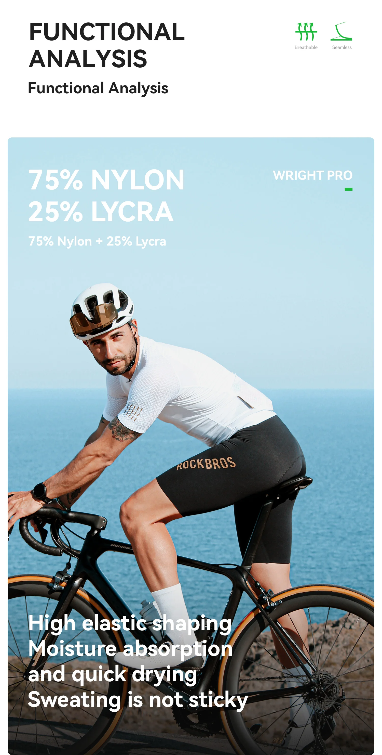 ROCKBROS Herren Radsport-Trägerhose, nahtlos, italienische Schnittstelle, Polsterung, Fahrrad-Trägerhose, kurze Hose, atmungsaktiv, Fahrrad-Shorts, leicht – Detail 4
