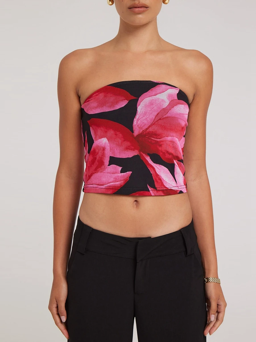 

Топ женский сетчатый без бретелек, укороченный черный топ с цветочным принтом, майка с открытой спиной, бандо, Клубная одежда, на лето