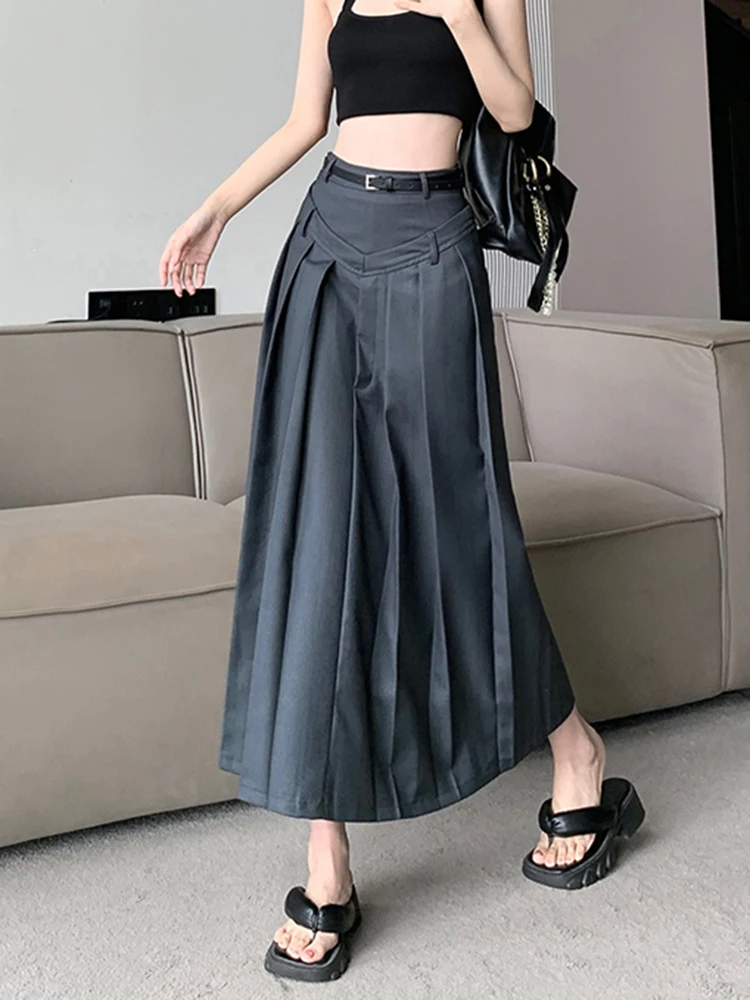 QOERLIN Design Stylish High Waist Grey Skirts Women Korean Fashion Long Pleated Skirts Plain Black Grey Patchwork Elegant Skirt men s chinese traditional linen tang shirt hand plate buckle design comfortable stylish soft chinese collar shirt