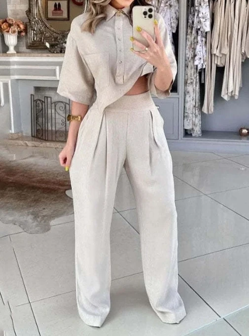 Elegant Women's L Pants Set Solid Color Buttons Design Irregular crop Top and Casual Long Pants Suit 2 Pieces