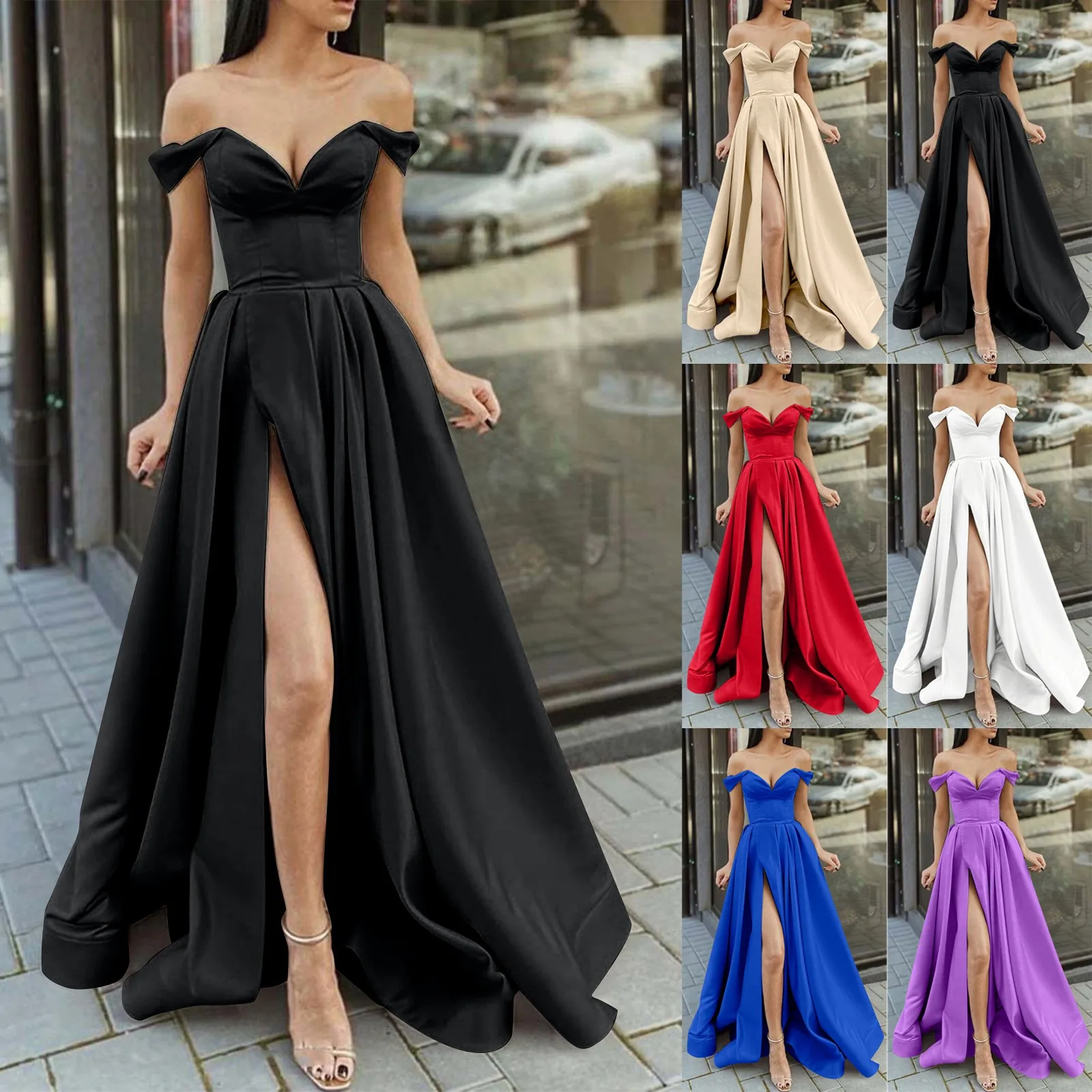 

Hight Slits Satin Evening Dresses Sexy Low Cut V Strapless Party Prom Dress for Women Wedding Prom Dress Party Guest Gowns Robes