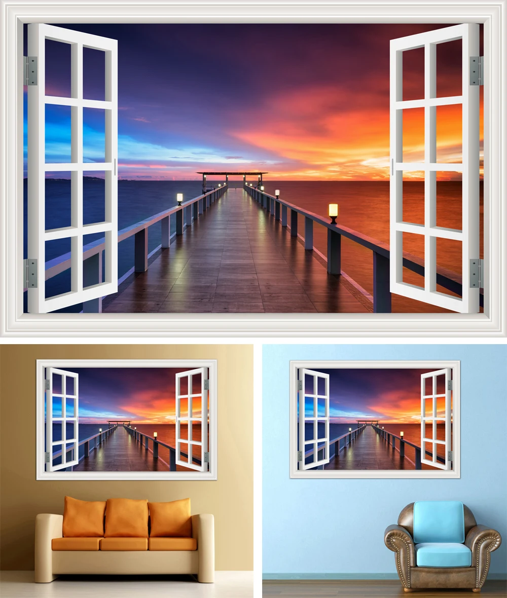 

3D Window Seaside Beach Bridge Sunset Print Art Canvas Poster For Living Room Decoration Home Wall Picture