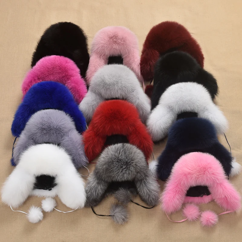 Real Fox Fur Women's Hats Russian Ushanka Aviator Trapper Snow Ski Hat Earflap Caps Winter Raccoon Fur Bomaber winter hat fur hat knitted earflap hat