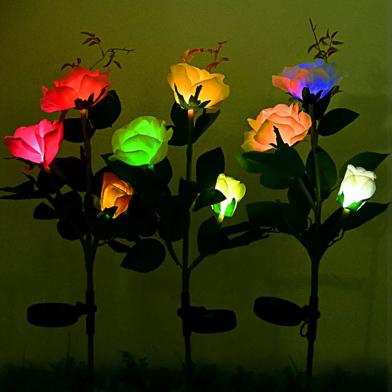 3 Head LED Solar Simulation Rose Flower Light Garden Yard Lawn Night Lamp Waterproof Landscape Rose Light Home Decoration