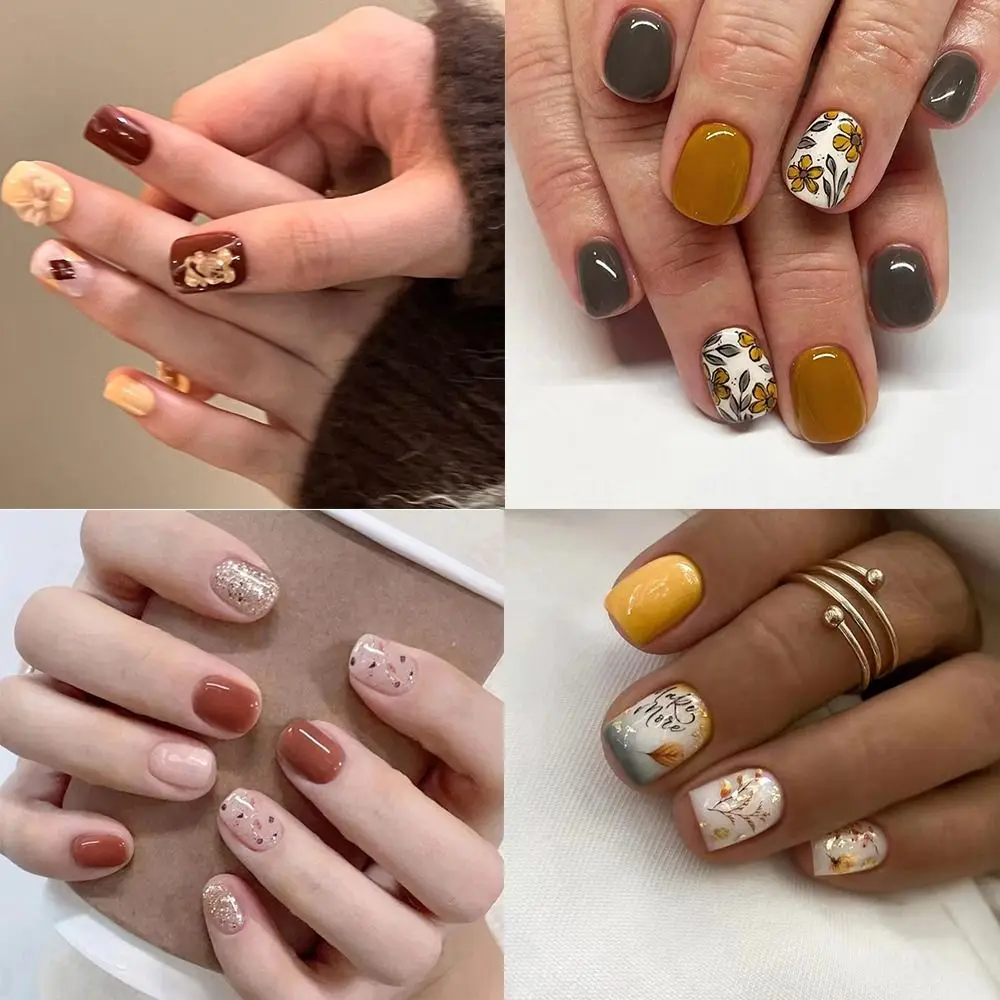 Detachable Short Round False Nails Little Bear Leaf French Fake Nails Full Cover Gold Slices Nail Tips for Salon
