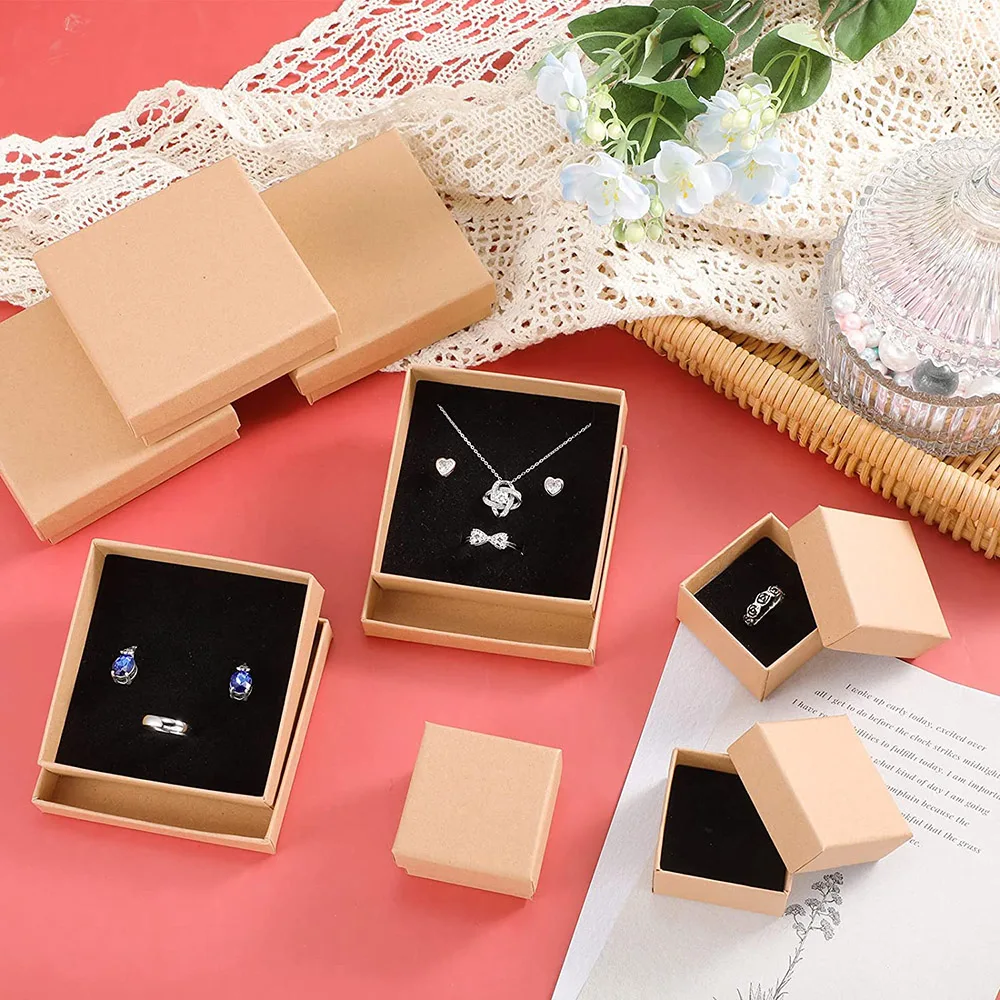 24pcs Kraft Jewelry Box Gift Cardboard Boxes for Ring Necklace Earring Womens Jewelry Gifts Packaging with Sponge Inside