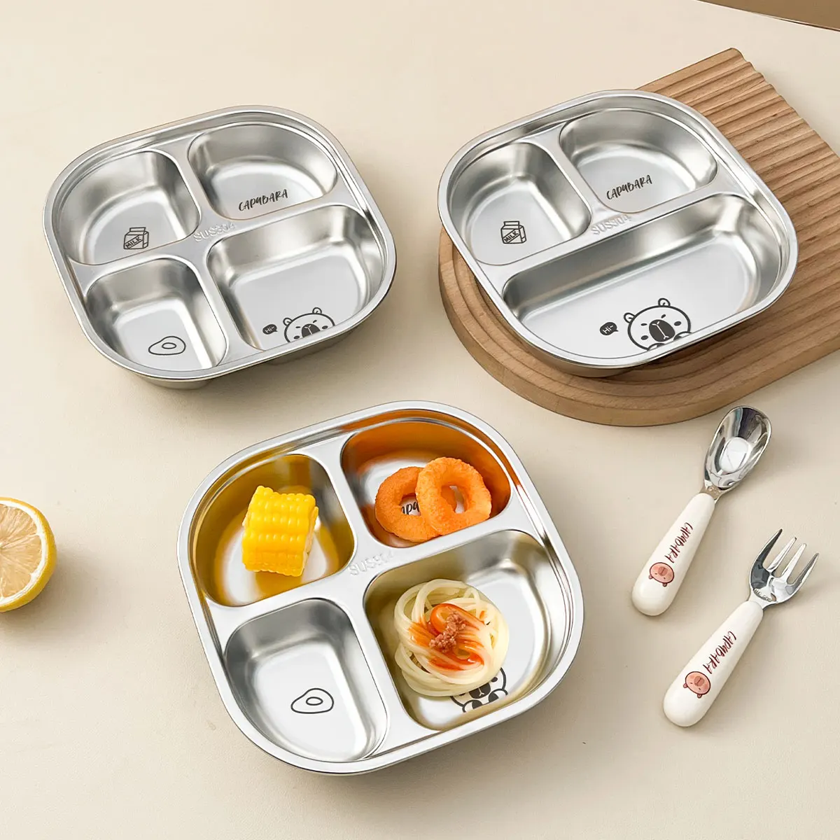 WORTHBUY Cute Capybara 304 Stainless Steel Divided Dinner Plate Reusable 3/4 Grids Food Plate Dishes For Kids Adult Dishwasher stainless steel plates