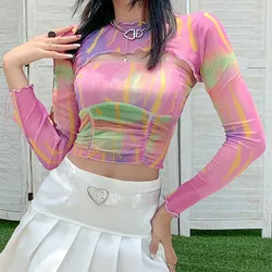 Colored Suspenders Girl Rainbow Gauze T-Shirts Street Fashion Long-Sleeved Blouse Female 2023 Trend Women's Top Clothing Summer
