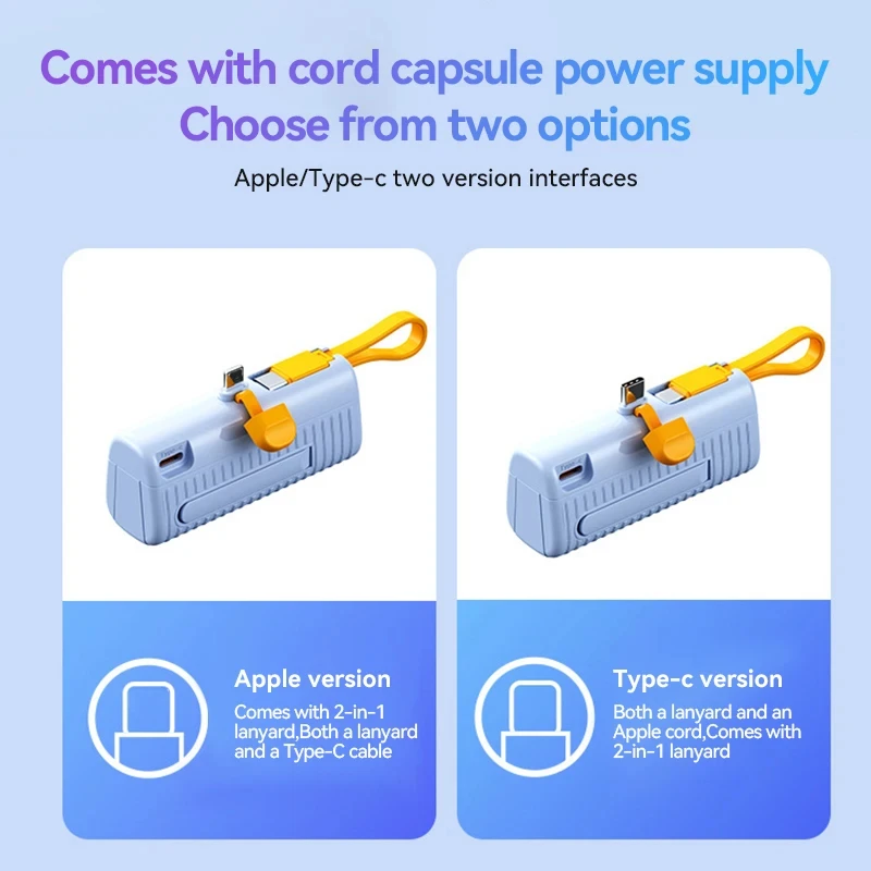 30000mAh Mini Power Bank Capsule Fast Charging Built in Cable Mobile Power Supply Emergency External Battery For Type-c iPhone