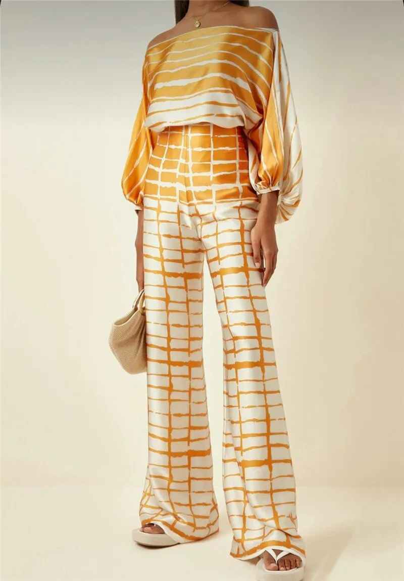 

Womens Casual Satin Suit Hollow Tops With Long Pants Women 2 Piece Sets 2023 Elegant Summer Print Outfits For Women Clothes Set
