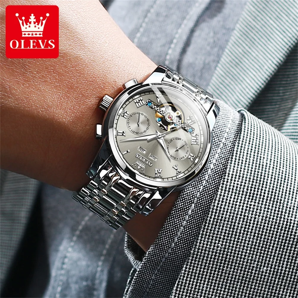 OLEVS 6607 Watch For Men Roman Scale Hollow Skeleton Man Mechanical Wristwatch Waterproof Luminous Week Calendar Original Watch