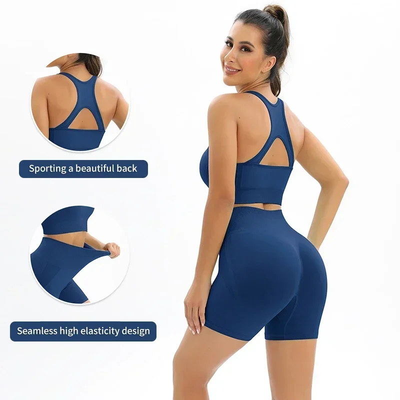 

Трикотажный бесшовный комплект для йоги с высокой талией, персиковые шорты для подтяжки бедер, Высокоэластичный спортивный бюстгальтер для йоги и фитнеса с нагрудной подушкой