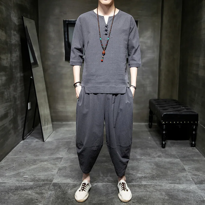 

Yourqipao Japanese Style Suits Kimono T-shirt Pants Two Piece Men Tops Trousers Male Japan Harajuku Yukata Cardigan Costume