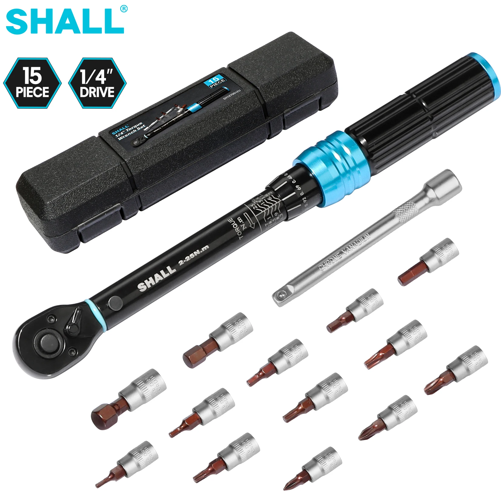 SHALL 1 4 Torque Wrench Set 15PC 2 25NM Two way Precise Ratchet Wrench shall-1-4-torque-wrench-set-15pc-2-25nm-two-way-precise-ratchet-wrench