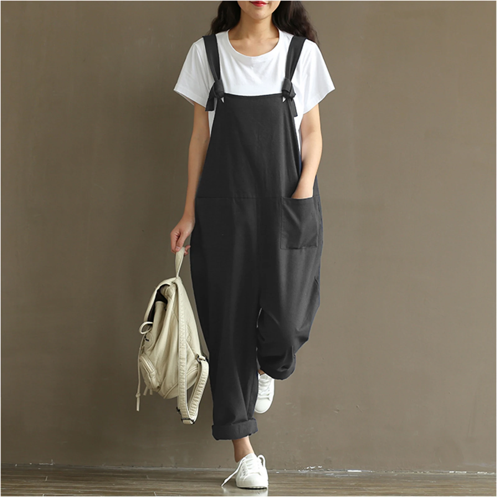 

Women Baggy Overalls Solid Color Loose Big Pockets Wide Leg Suspender Pants Lady Casual Long Wild Fashion Bottoms Streetwear