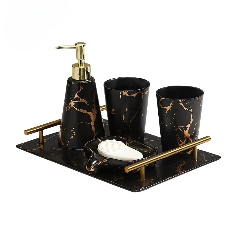 Home Basic Luxus 5-teiliges Badezimmerzubehör-Set mit Keramik-Marmor-Design, Küchenzubehör