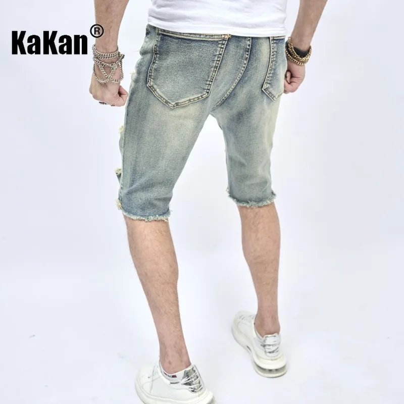 Kakan - European and American New Product Men's Half Slim Fit Small Feet Scratched Jeans Trendy Youth Perforated Shorts Jeans