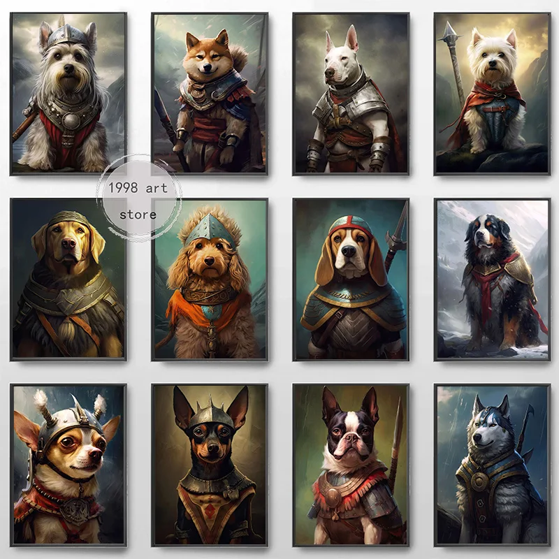 Vintage Dog Portrait Dog Soldier Helmet Bulldog Basset Hound Animal Art Poster Canvas Painting Stampe Murali Immagini Home Decor