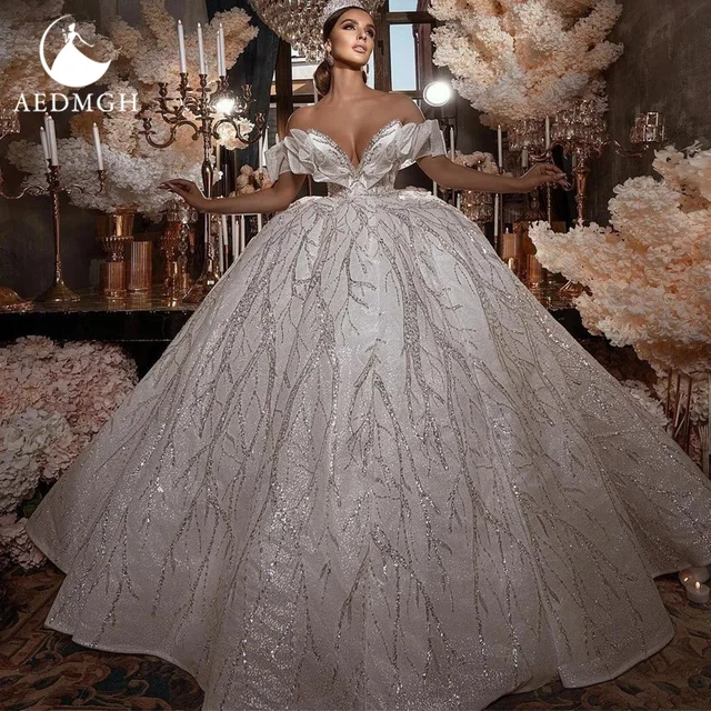 Aedmgh Ball Gown Royal Wedding Dresses Sweetheart Off The Shoulder Robe De Mariee Lace Shiny Graceful Custom Made Bridal Gown 1