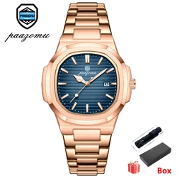 Luxury Square Quartz Men's Watch - 50 ATM Waterproof, Stainless Steel, Luminous Date (Gold blue)