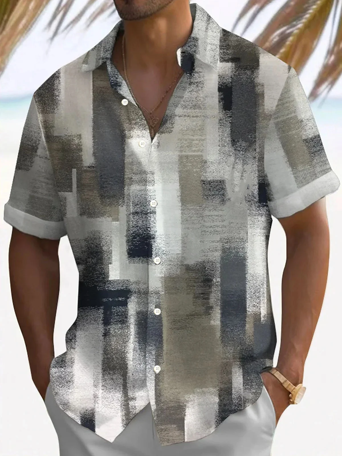 Summer retro plaid print pattern short sleeved lapel single breasted shirt Hawaiian shirt casual men's top comfortable fabric 6