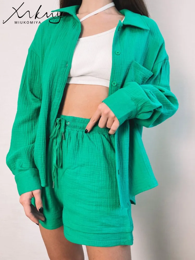 Short Two Piece Set For Women Shorts And Top Orange Loose Women's Summer Suit Oversize Shorts And Long Sleeve Shirts Sets Ladies