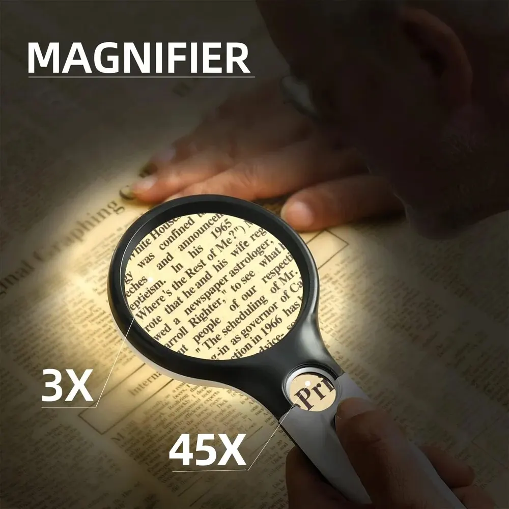 Handheld 45X 3X Magnifier Reading Magnifying Glass Jewelry Loupe With 3LED  Light