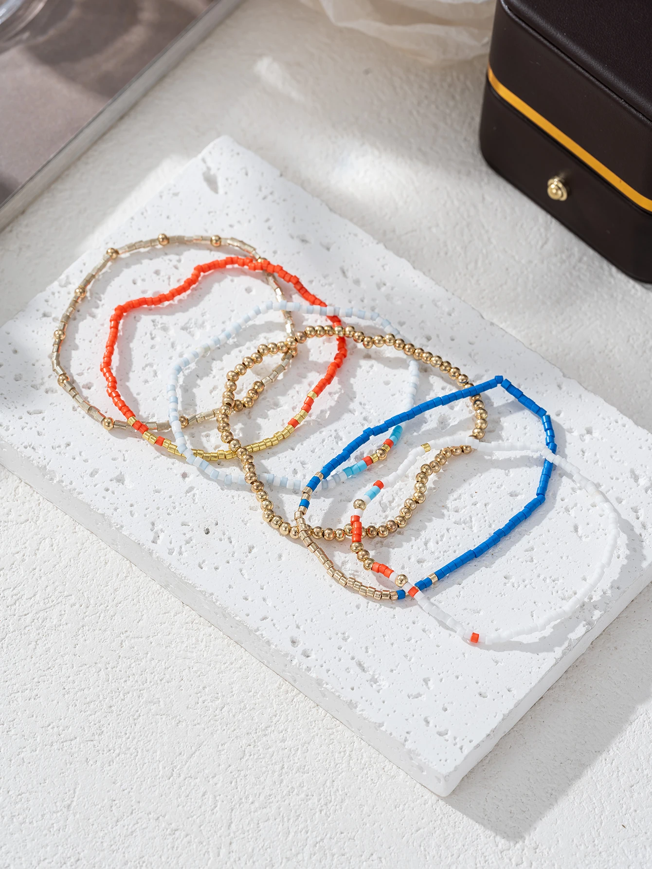 Bohemian Gold Glass Bead Stretch Bracelet Set - Handmade Vacation Jewelry for Girls