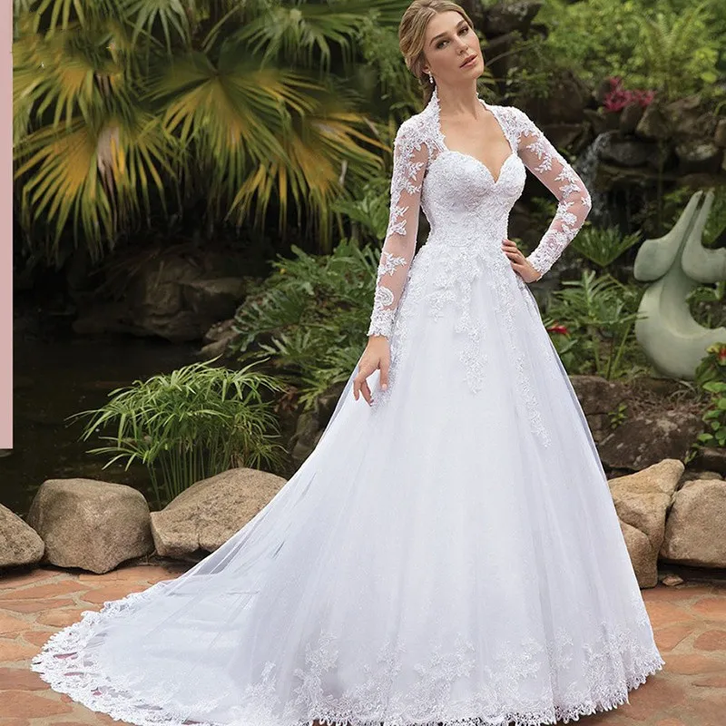 

A-Line Wedding Dresses D07 2022 Spring V Neck Deep Long Sleeve Lace Slim Fashion Bride's Tail Bridal Wedding Gown