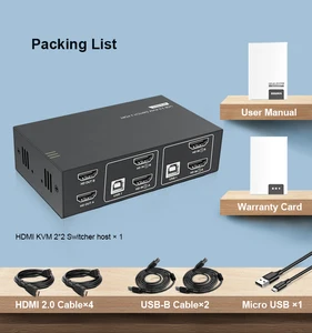 KVM-переключатель с двумя мониторами USB2.0, HDMI, 2 порта, 4K, 2 монитора, HDMI 2,0, HDCP2.2 с 4 HDMI-кабелями и 2 USB-кабелями