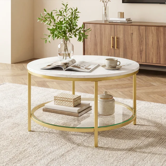 JHK 31IN Marble Round Coffee Table For Living Room 2-Tier Center Counter with Storage Metal Frame Glass Base Tables Modern