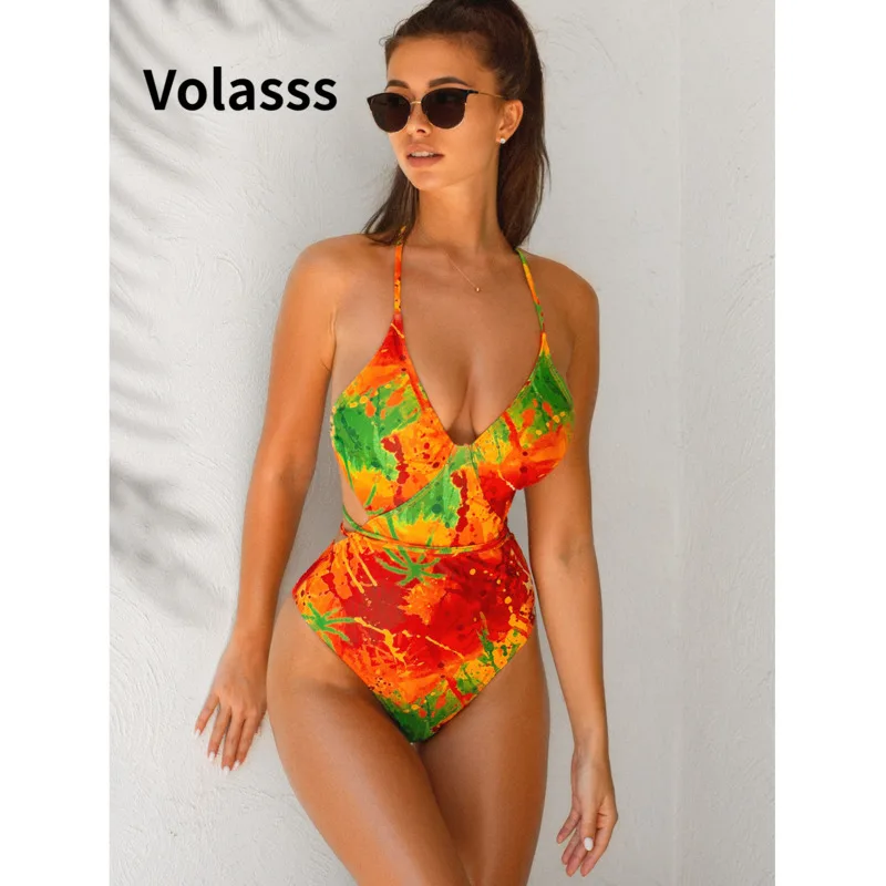 

Слитный купальник VOLASSS, окрашенный в завязку, женское сексуальное бикини с перекрестными лямками, купальный костюм с глубоким V-образным вырезом, Женский Монокини, бразильский купальник