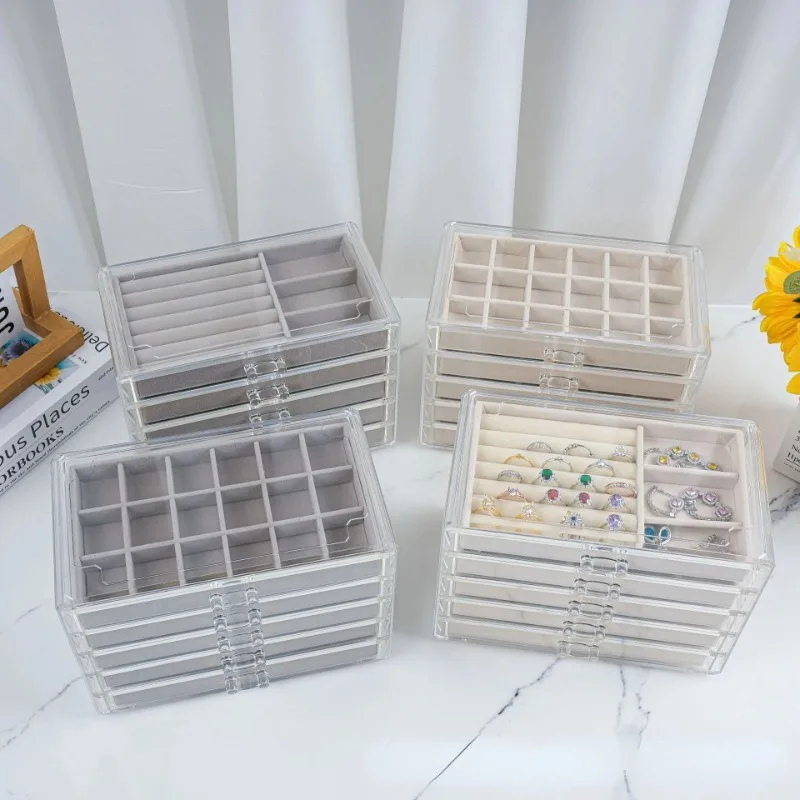 Jewelry Organizer Box Transparent Display Case 5 Layer Earrings Necklace Ring Plastic Storage Boxes Velvet Jewelry Tray Gifts