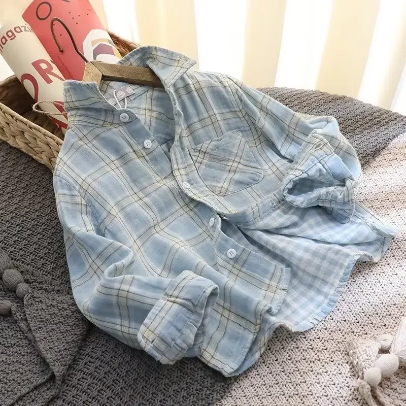 남성용 일본 스타일 체크 무늬 셔츠, 패셔너블한 다목적 루즈핏 긴팔 데님 셔츠..