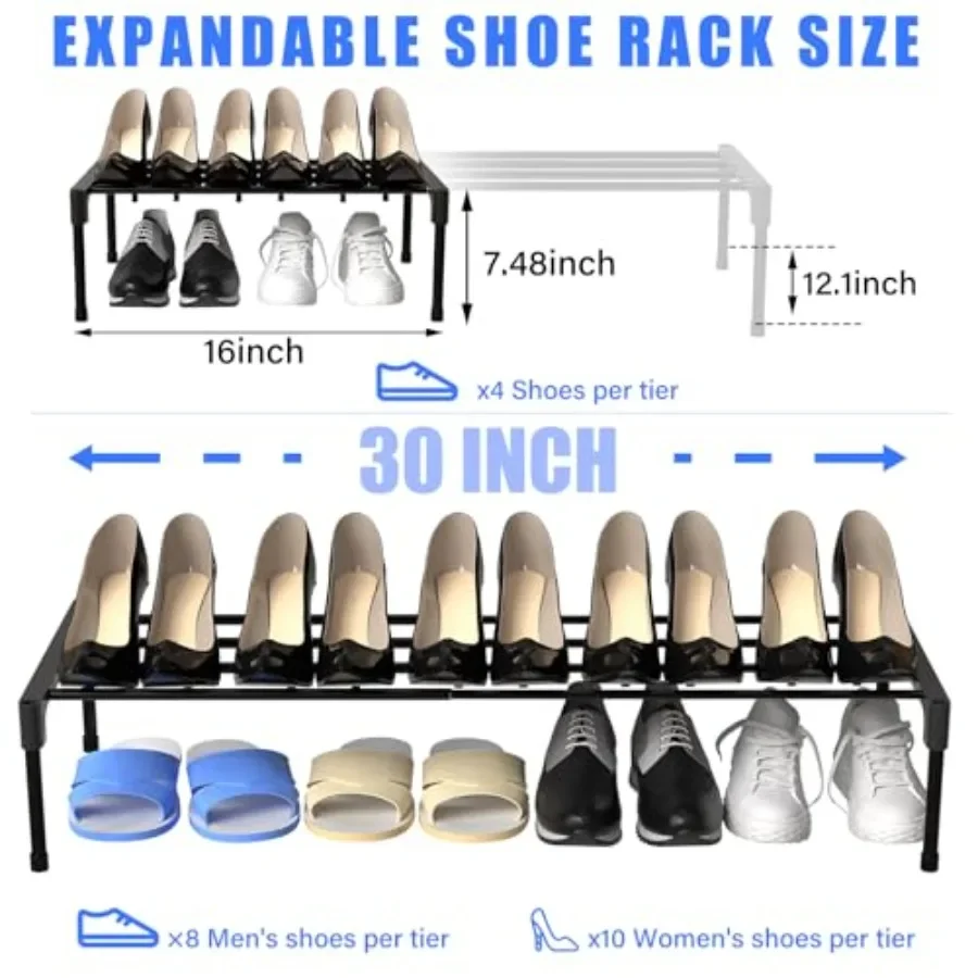 2 Pcs Expandable Shoe Rack 16 ''30 '' Adjustable Shoe Shelf Metal 1 Tier Rack Black Stackable Organizer for Cabinet Entryway Cl