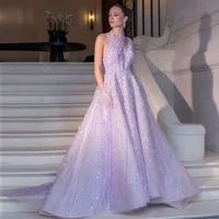 Customized Luxury Halter Neck Evening Dress A-Line Long Backless Sleeveless Formal Prom Ball Gowns Beading Sequined Party Gown 1
