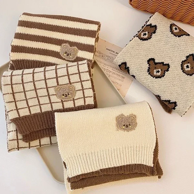 Cute Stripe Bear Kids Scarf Winter Thick Knit Warm Neckerchief for Boy Girl Korean Windproof Kids Woolen Neck Warmer Scarves