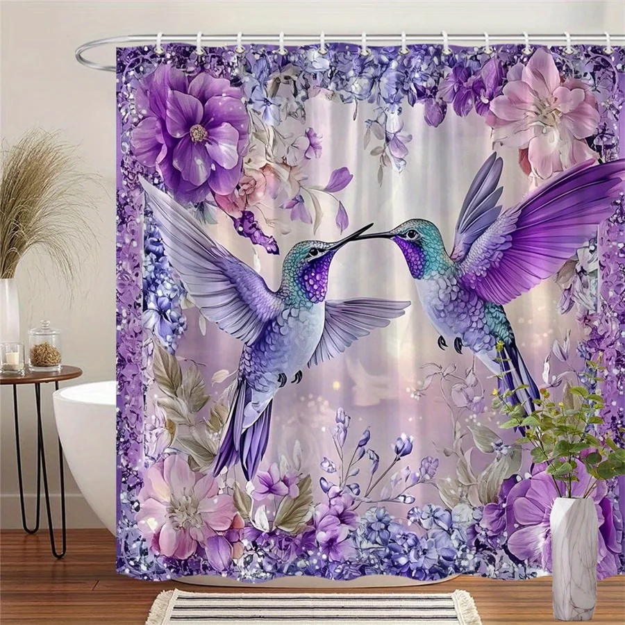 ม่านอาบน้ำลาย 3 มิติ นกฮัมมิ่งเบิร์ดสีม่วงและดอกไม้ กันน้ำ ตกแต่งห้องน้ำ โรแมนติก ศิลปะ สำหรับผู้หญิง 1