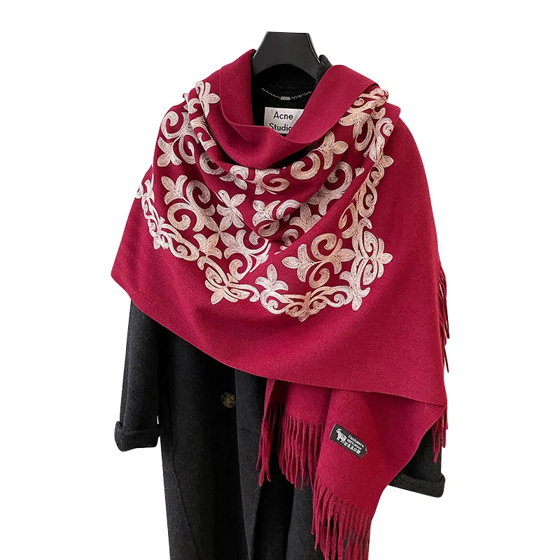Neue Pashmina Kaschmir Mischung Mujer Bufanda Schal Warme Echarpes Sticken Blume Poncho Cape Dicke Warme Poncho Kopftuch – Detail 7