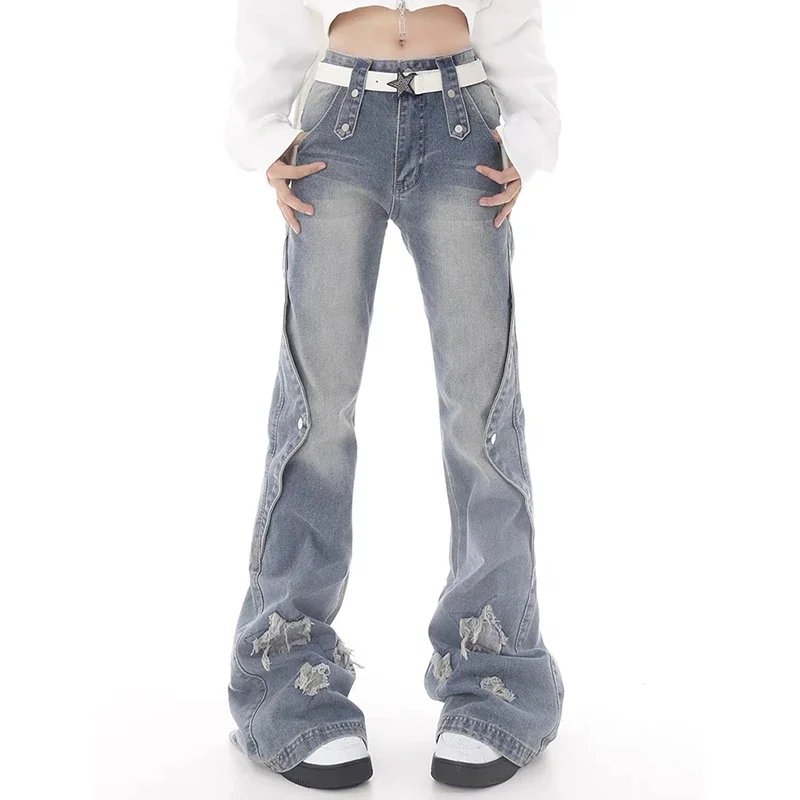 Blue Women Jeans High Street Vintage Straight Pants Streetwear Y2K Embroidery HarajukuFashion Female Wide Leg Denim Trouser